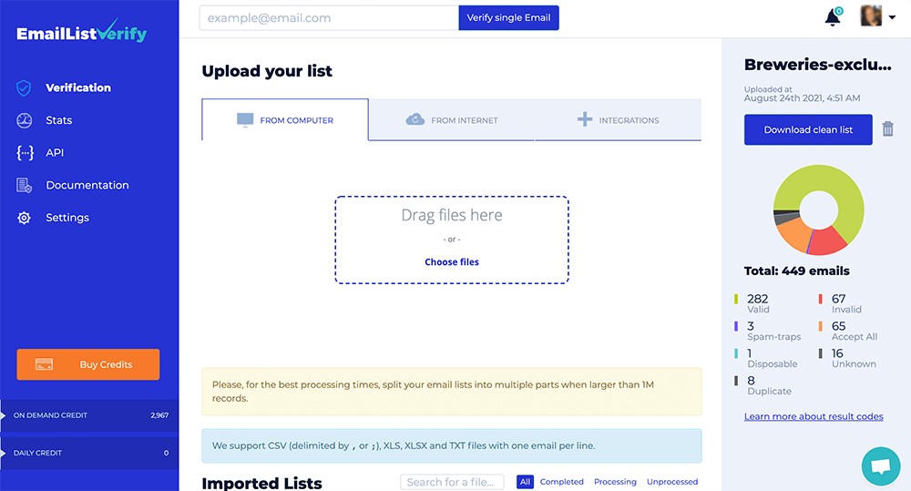 EmailListVerify Dashboard